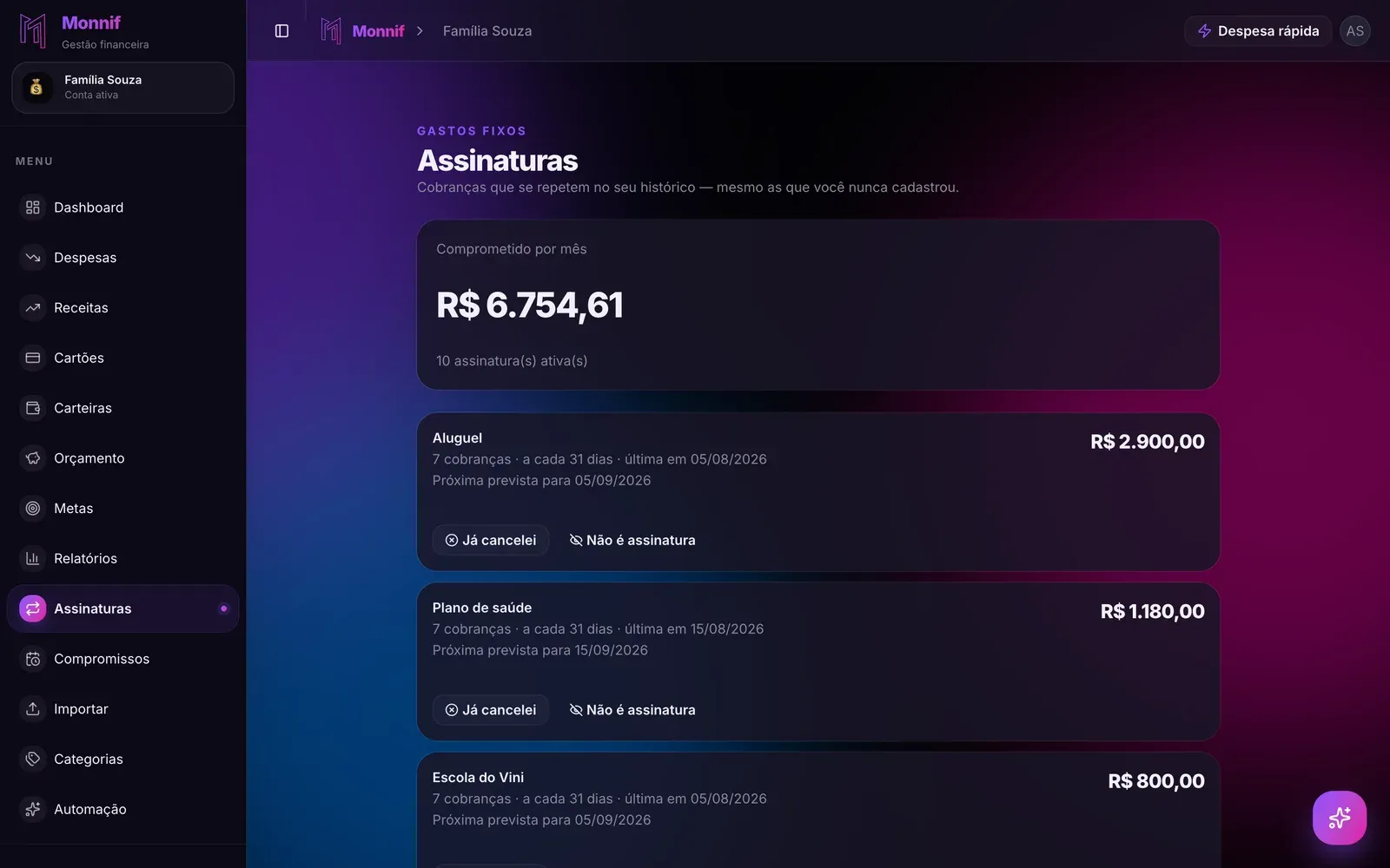 Tela de Assinaturas no Monnif