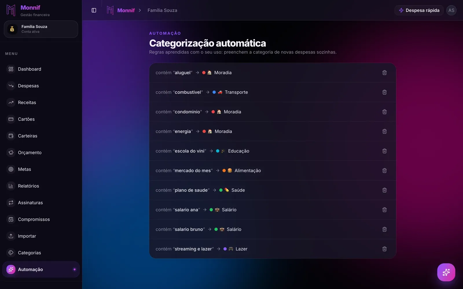 Tela de Categorização automática no Monnif