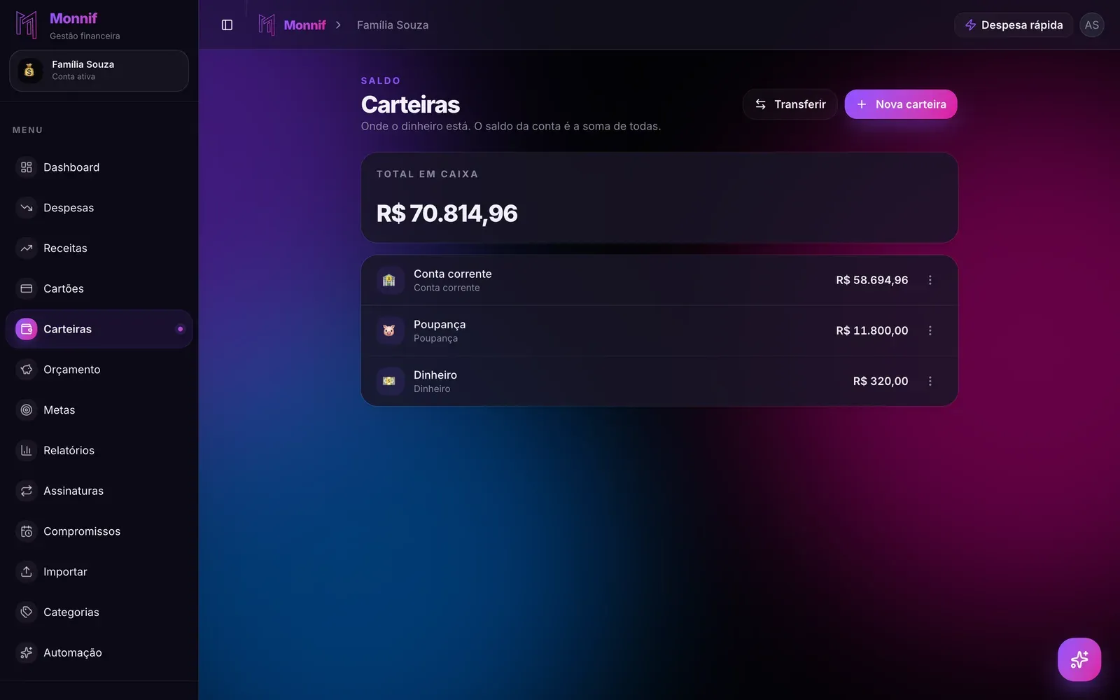 Tela de Carteiras no Monnif