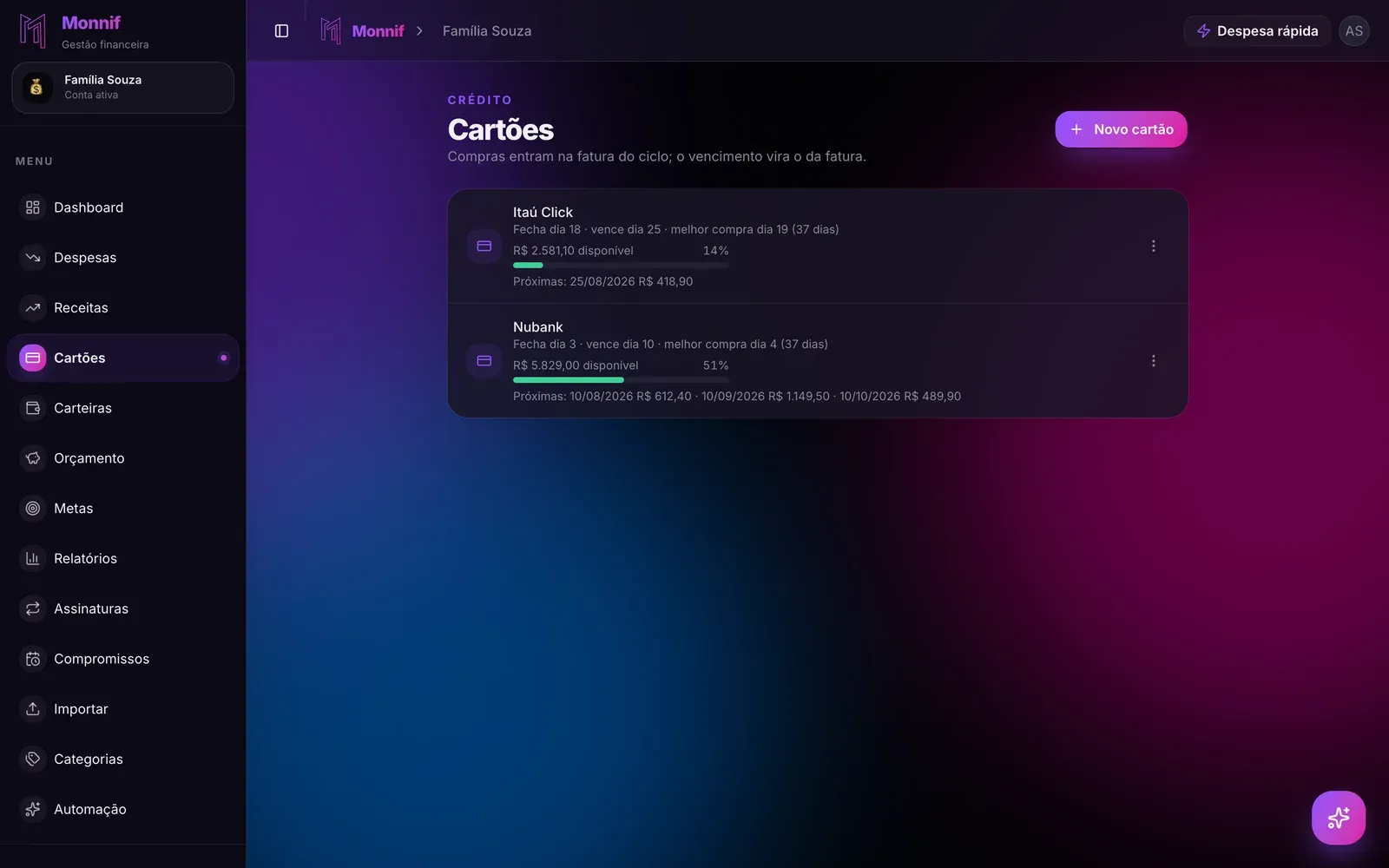 Tela de Cartões e faturas no Monnif
