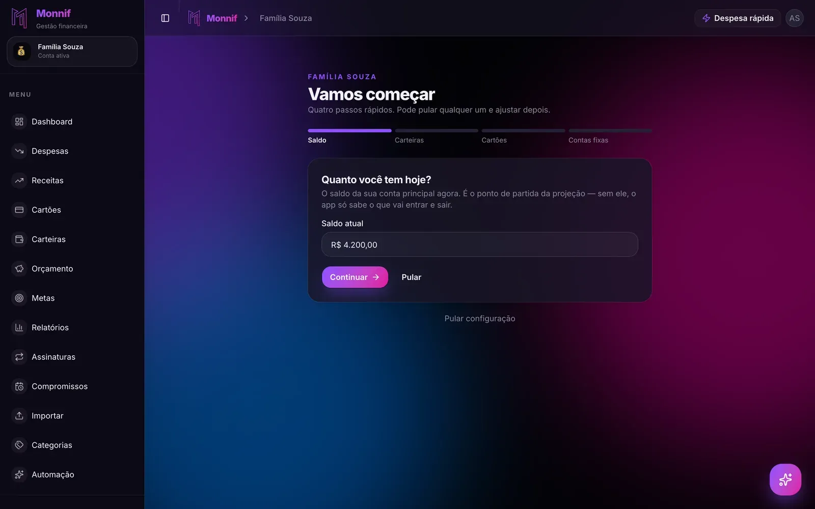 Tela de A configuração em 4 passos no Monnif