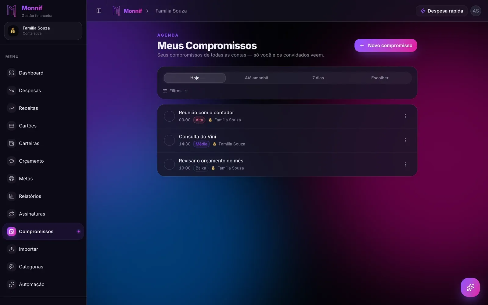 Tela de Agenda de compromissos no Monnif