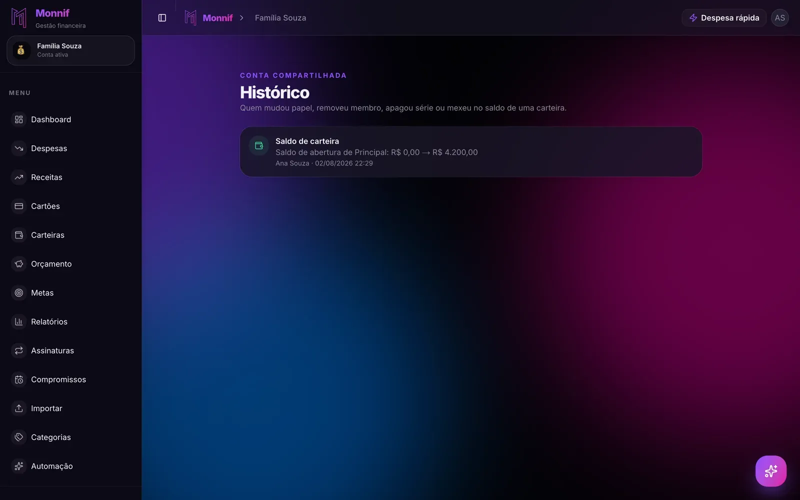 Tela de Histórico no Monnif
